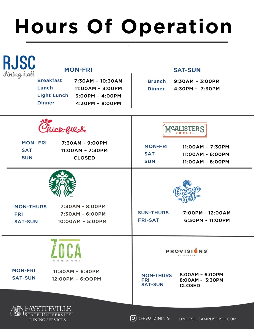 An infographic with dining hours, details typed out below.