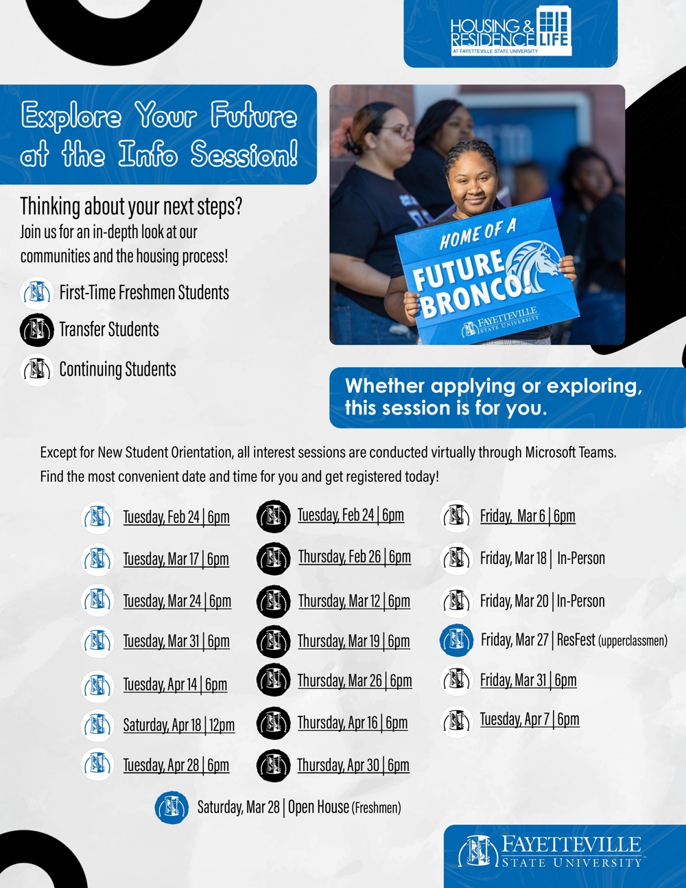 A flyer with various housing information sessions listed. Click for a screen reader friendly PDF.