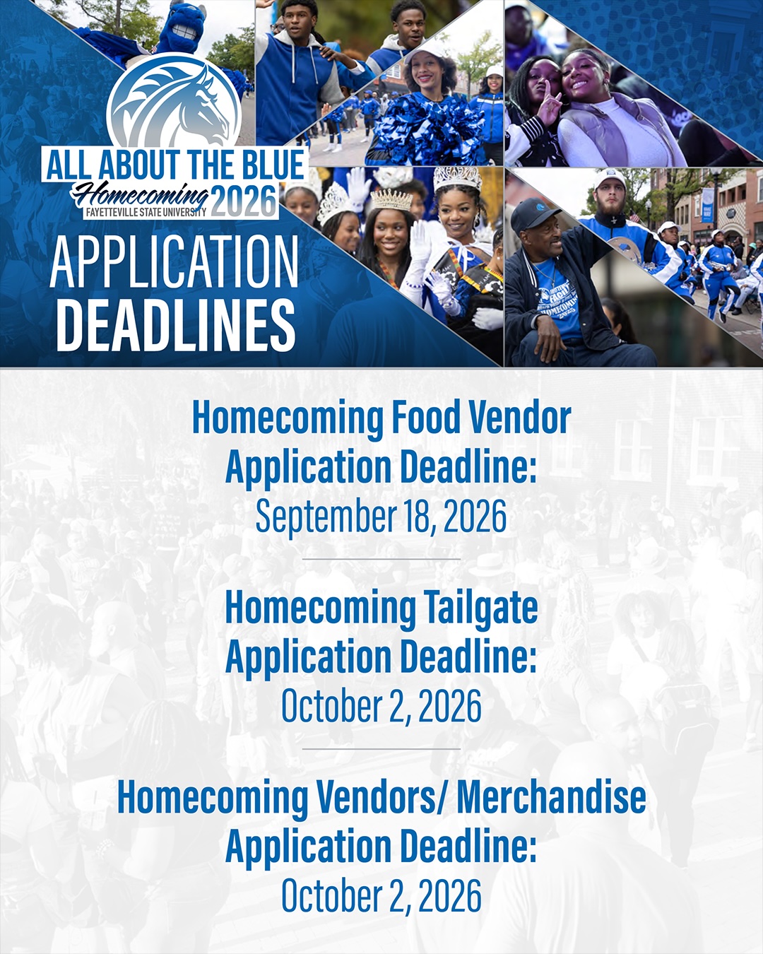 Flyer describing application deadlines, information repeated below.