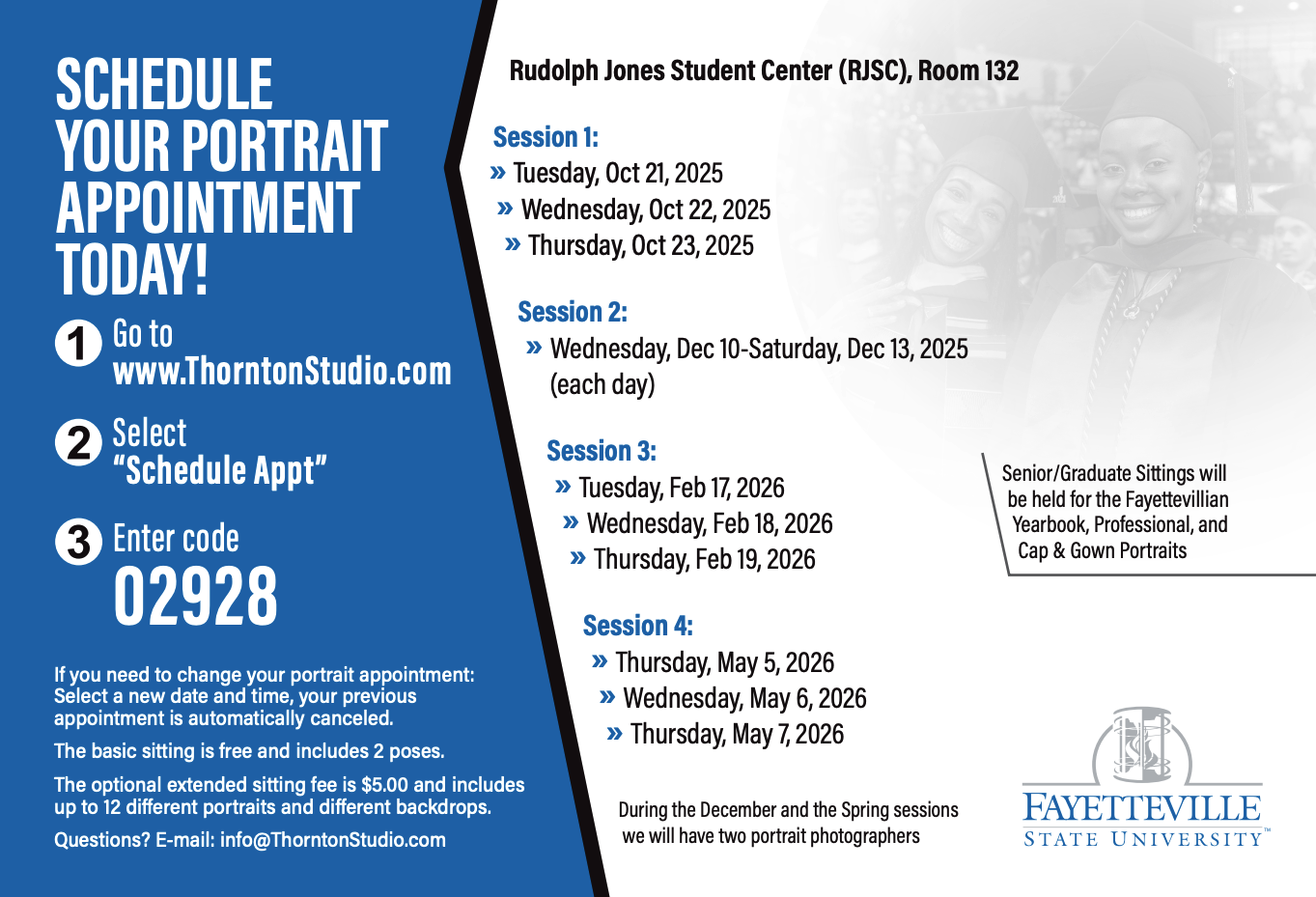 Flyer advertising the cap & gown portraits, details provided below.