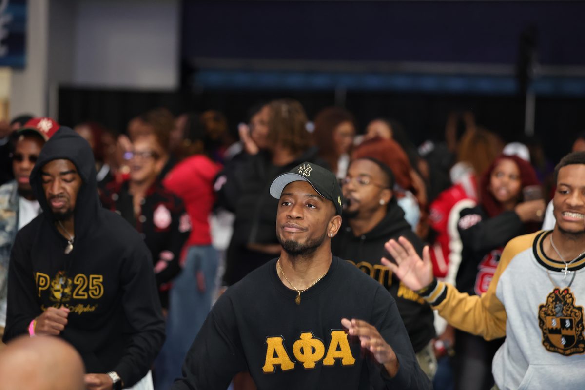 Fayetteville State students in fraternity and sorority letters fill the room at the annual FSU Step Show.