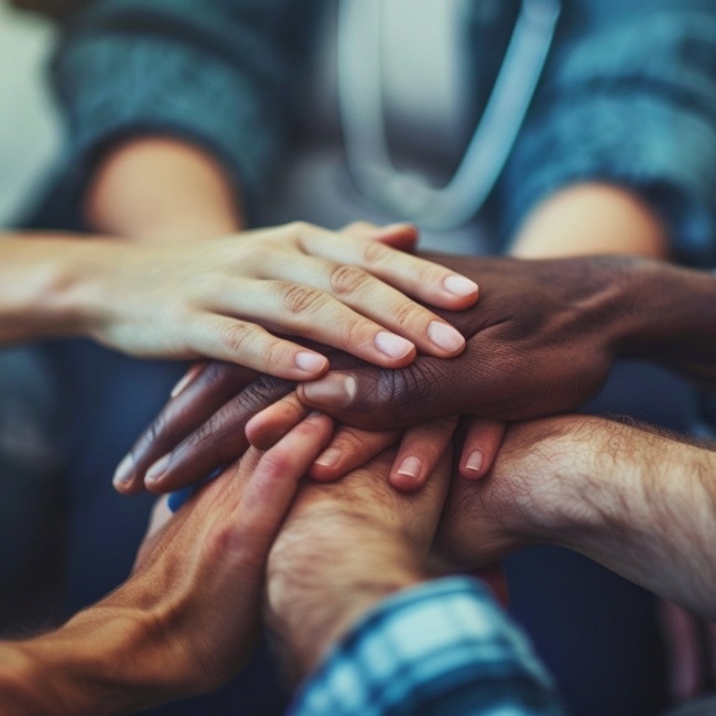 Four or five people who have laid their palms on another's hands to show solidarity.
