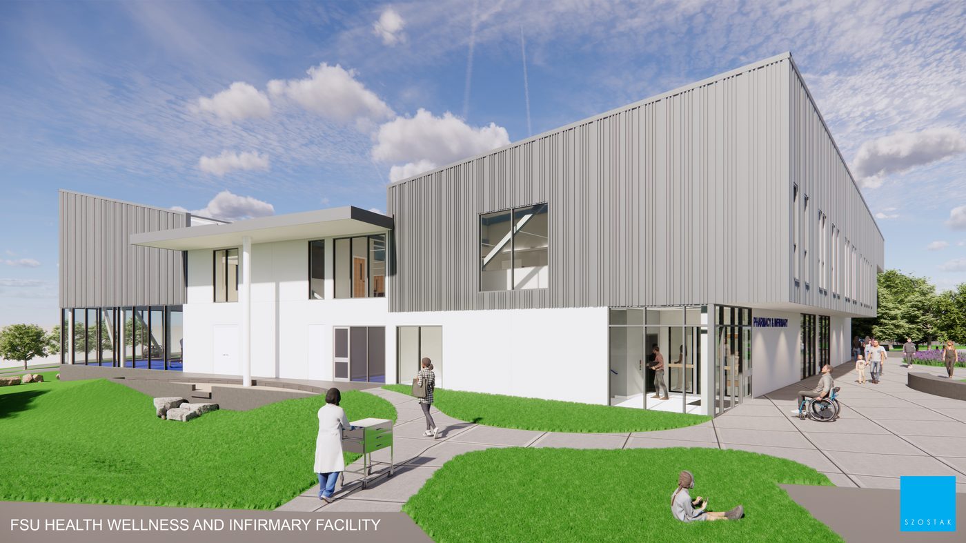 Rendering of the east facade of the FSU Health and Wellness Center, showing the ribbed metal upper level, ground-floor glazing and a landscaped walkway with seating.