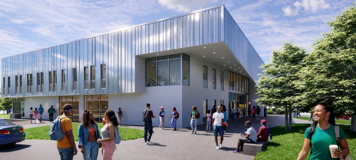 Architectural rendering of the new FSU Health and Wellness Center, a two-story building with a ribbed metal facade and a glass entrance, with students walking across the plaza in front of it.
