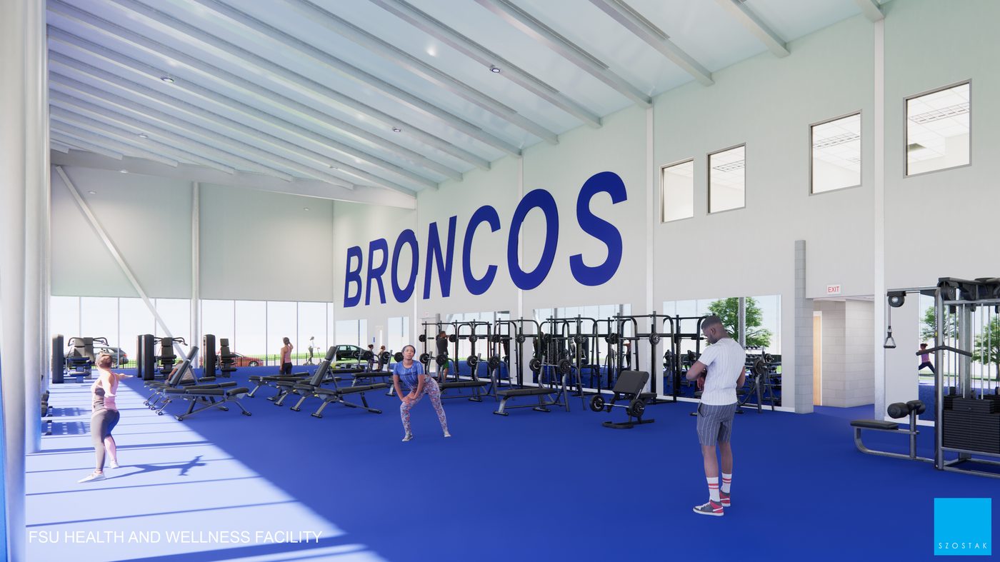 Rendering of the fitness floor inside the FSU Health and Wellness Center: a double-height room with blue flooring, cardio and weight equipment, and BRONCOS painted large across the back wall.