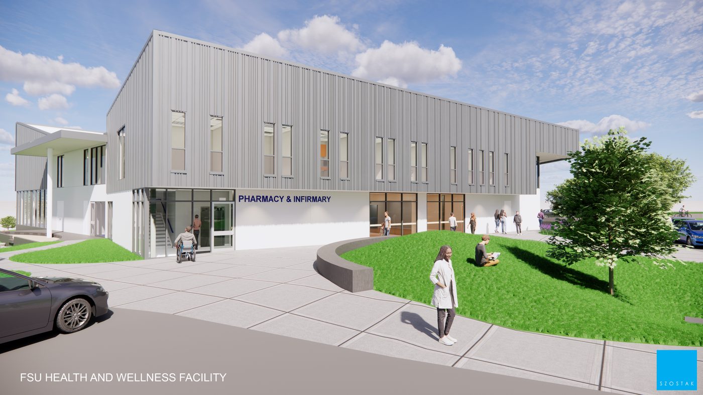 Rendering of the northeast corner of the FSU Health and Wellness Center, with a covered walkway and signage reading Pharmacy and Infirmary above the entrance doors.