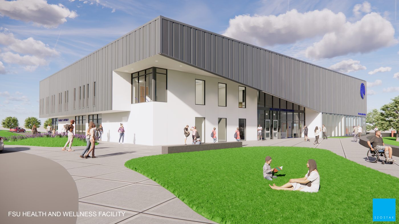 Rendering of the northwest corner of the FSU Health and Wellness Center, showing the main glass entrance under the cantilevered upper floor with students walking and sitting on the lawn.