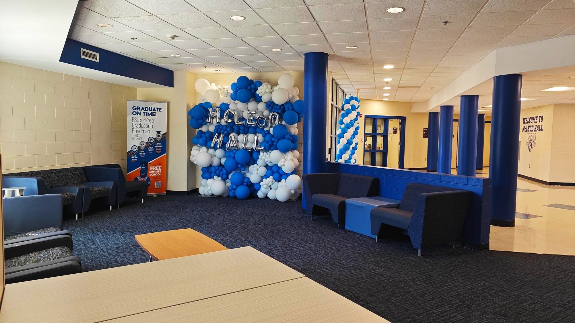 A blue and white lobby.