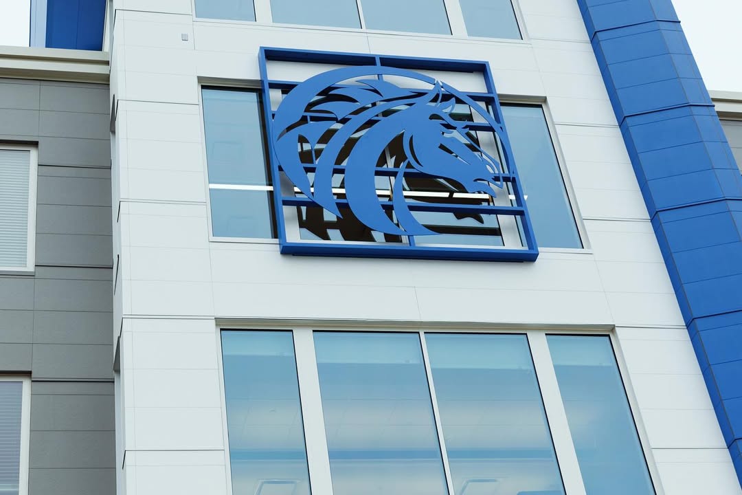 A closeup of the front of Bronco Pride Hall