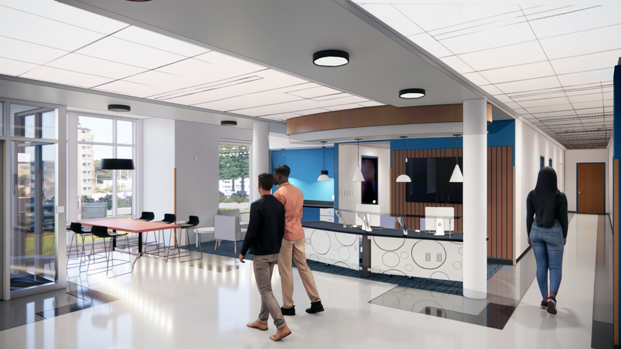 Concept image of the interior lobby of the new dorm.