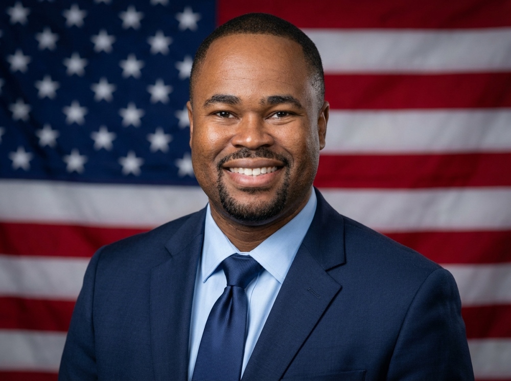Ocie Stroud Melvin, standing before an American Flag.
