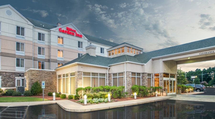 Exterior shot of Hilton Garden Inn hotel.