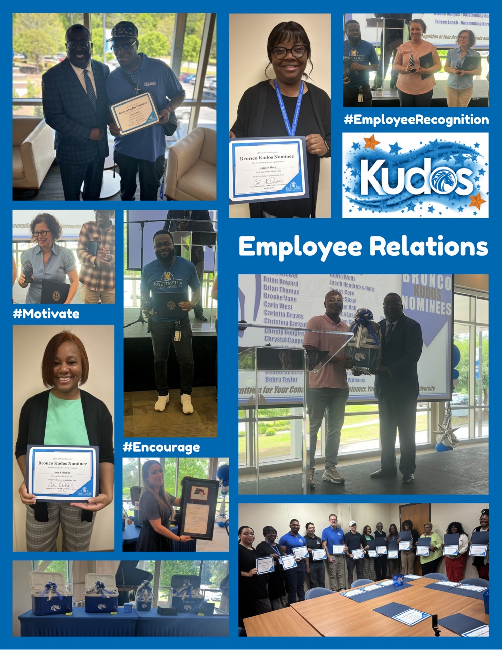 Collage of employees recieving awards and participating in activities.