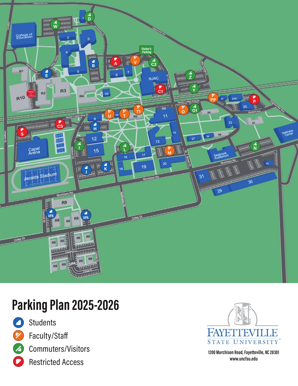 A map of parking on campus, textual details follow.