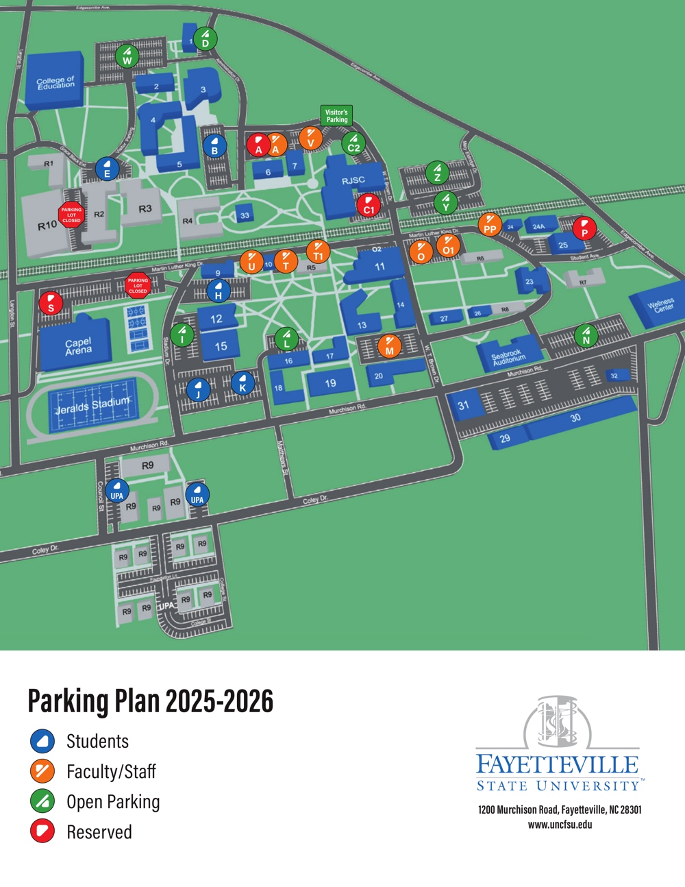 A map of parking on campus, textual details follow.