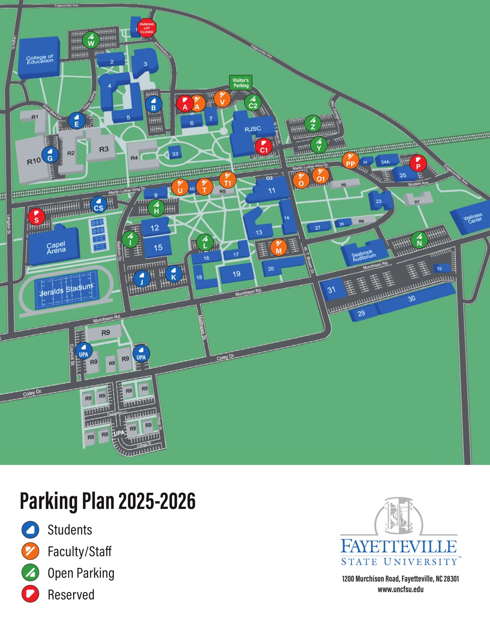 A map of parking on campus, textual details follow.