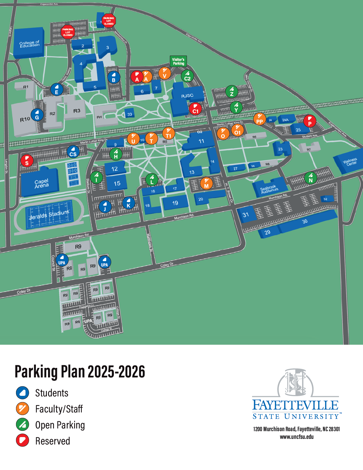 A map of parking on campus, textual details follow.