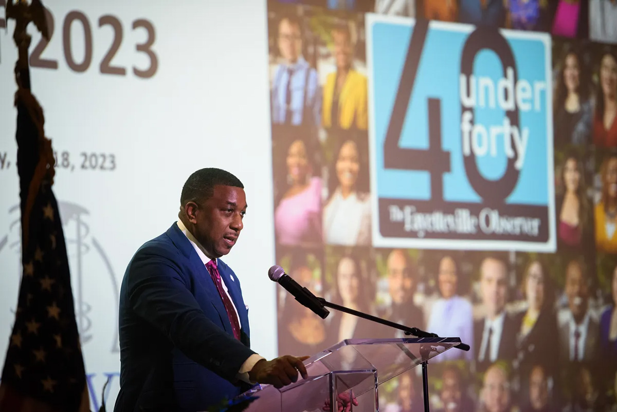 Pictured: Chancellor Darrell T. Allison speaks at the Fayetteville Observer's 40 Under 40 event at FSU's Rudolph Jones Student Center on Tuesday, July 18, 2023. photo: Andrew Craft, The Fayetteville Observer