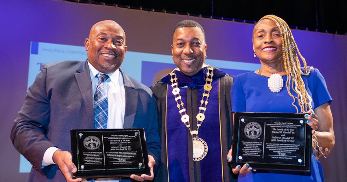 Left to Right: Lieutenant Colonel (Ret.) Michael D. Randall, FSU Chancellor Darrell T. Allison, and Valerie Randall