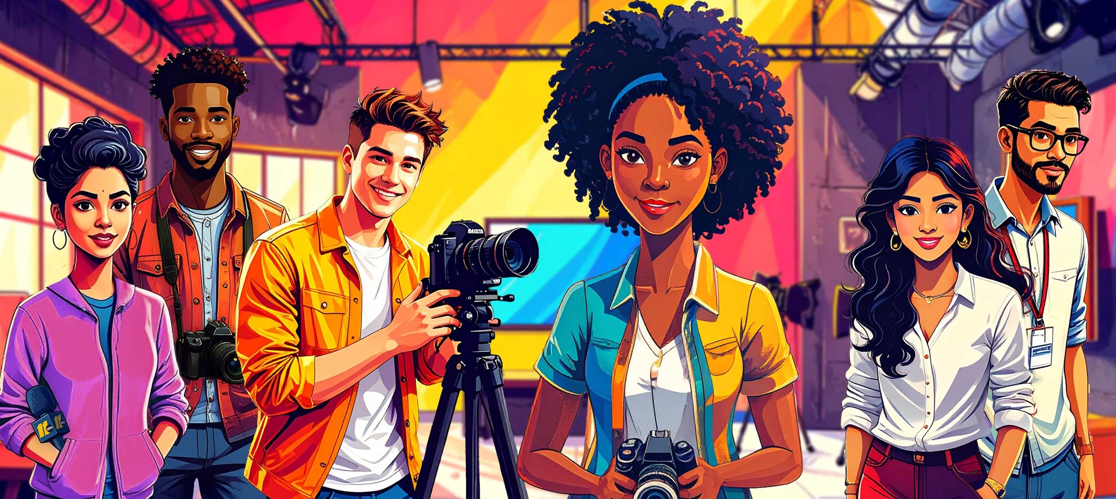 An illustration of various young adults, holding cameras and press passes.