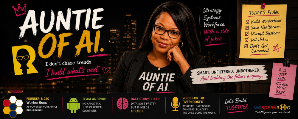 A marketing image of the Auntie of AI it reads: I don't chase trends. I build what's next.