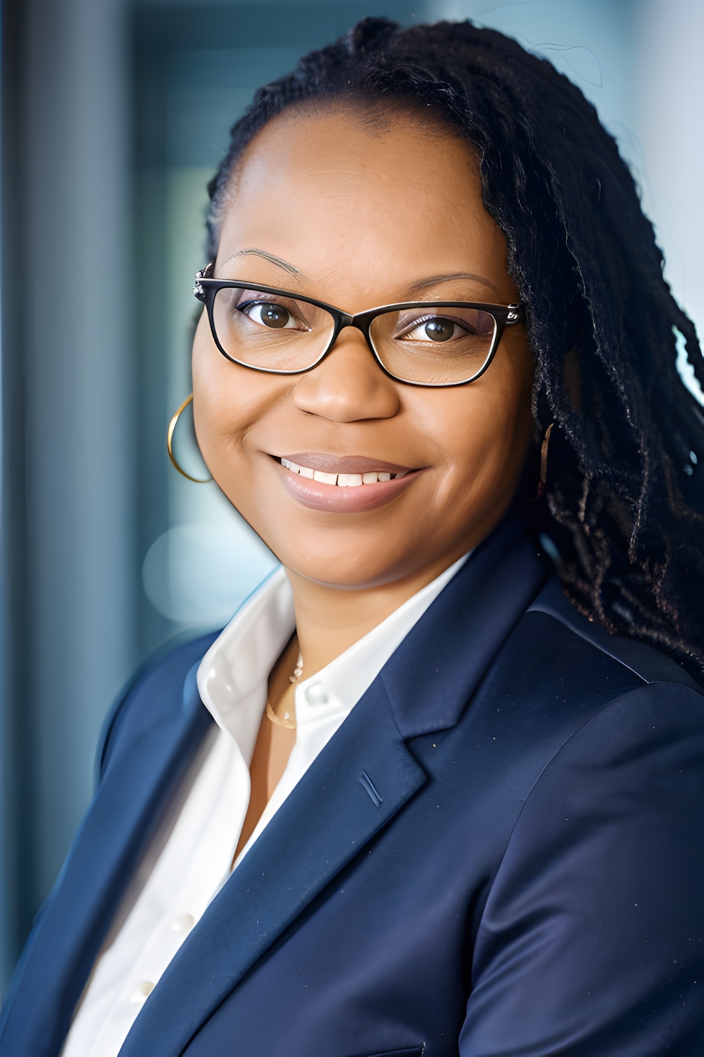 A headshot of Mosley with glasses in a blue blazer.