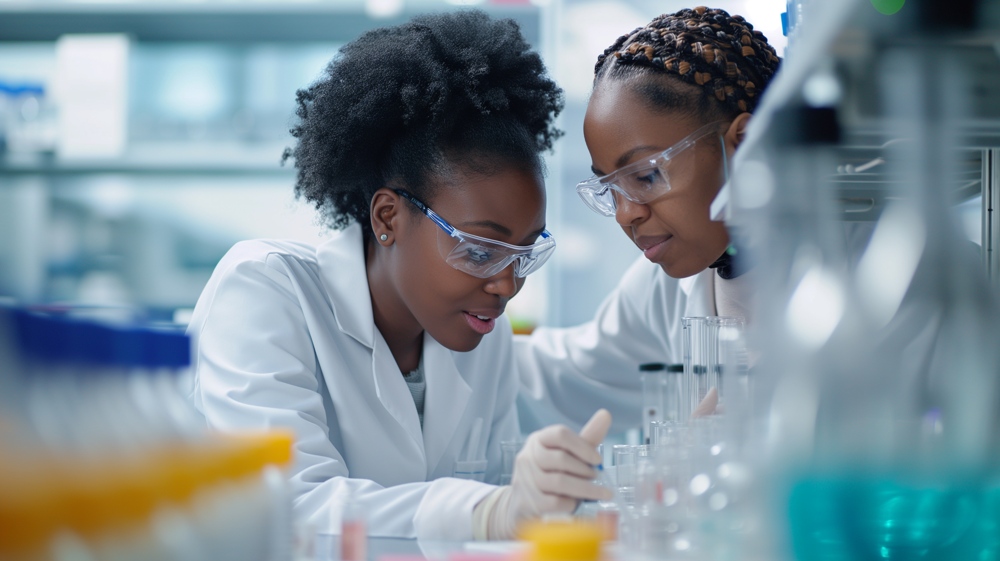 Two students working with a bunsen beaker.
