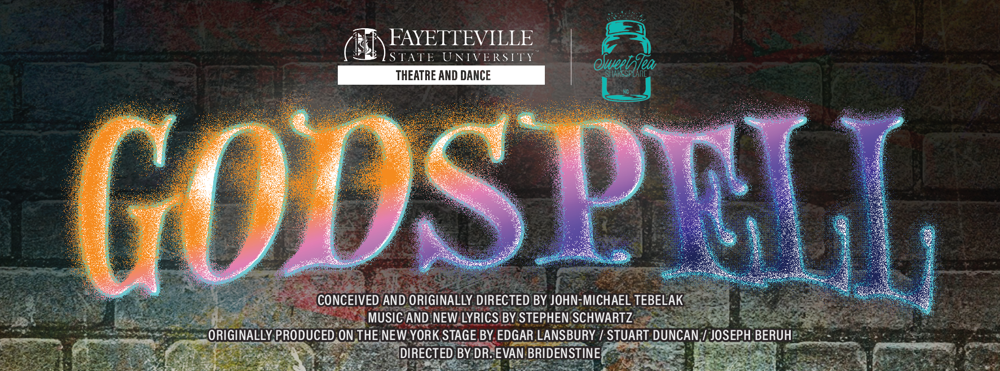 A banner reading: GODSPELL as if grafitti on a wall.