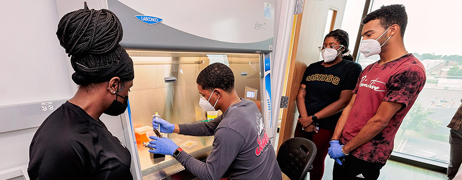 Markis’ Hamilton, an undergraduate student from Fayetteville State University, works in a hood in the ECU Life Sciences and Biotechnology Building.