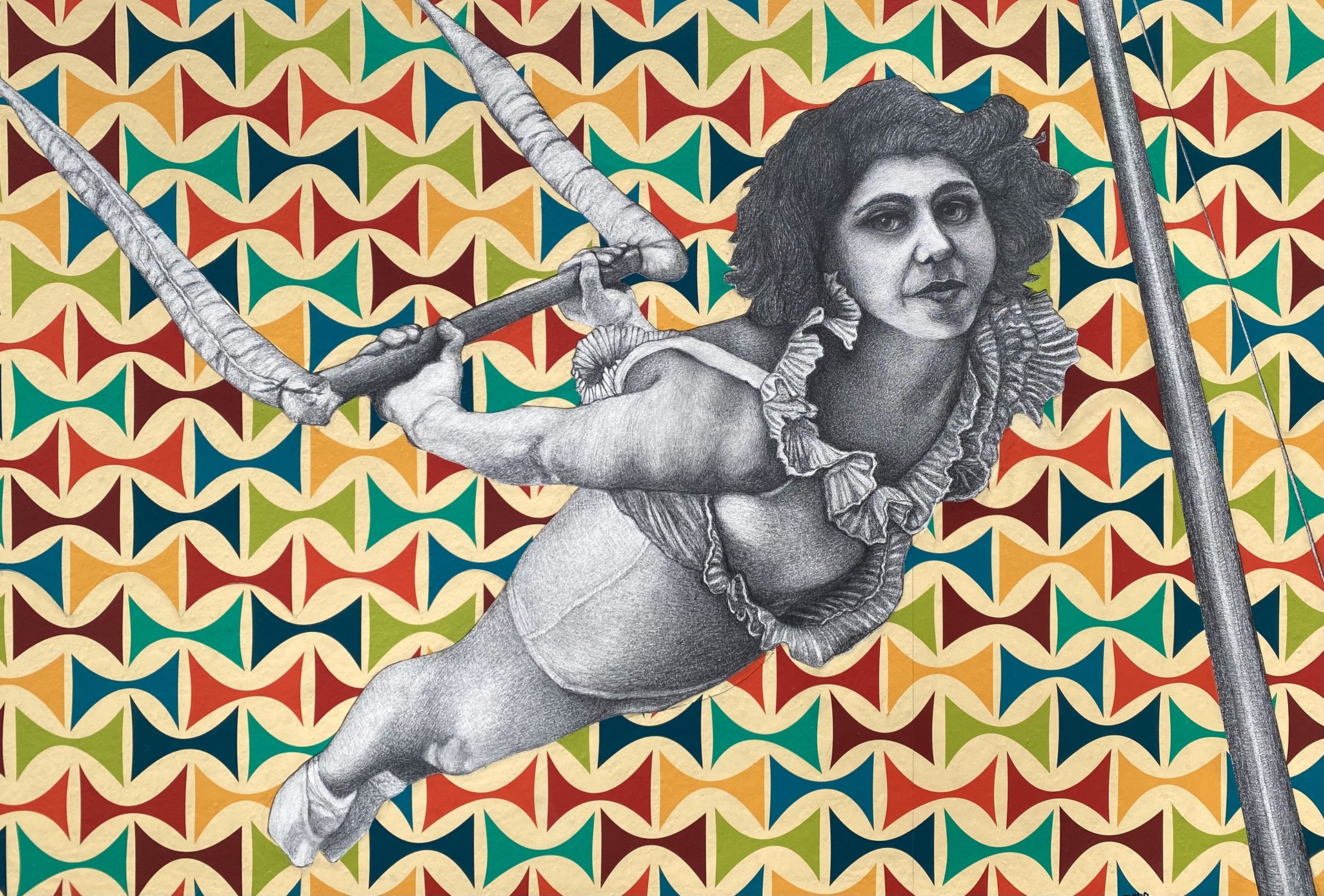 Jennifer Clifton, Trapeze Artist, 2022, Pencil and wallpaper on panel